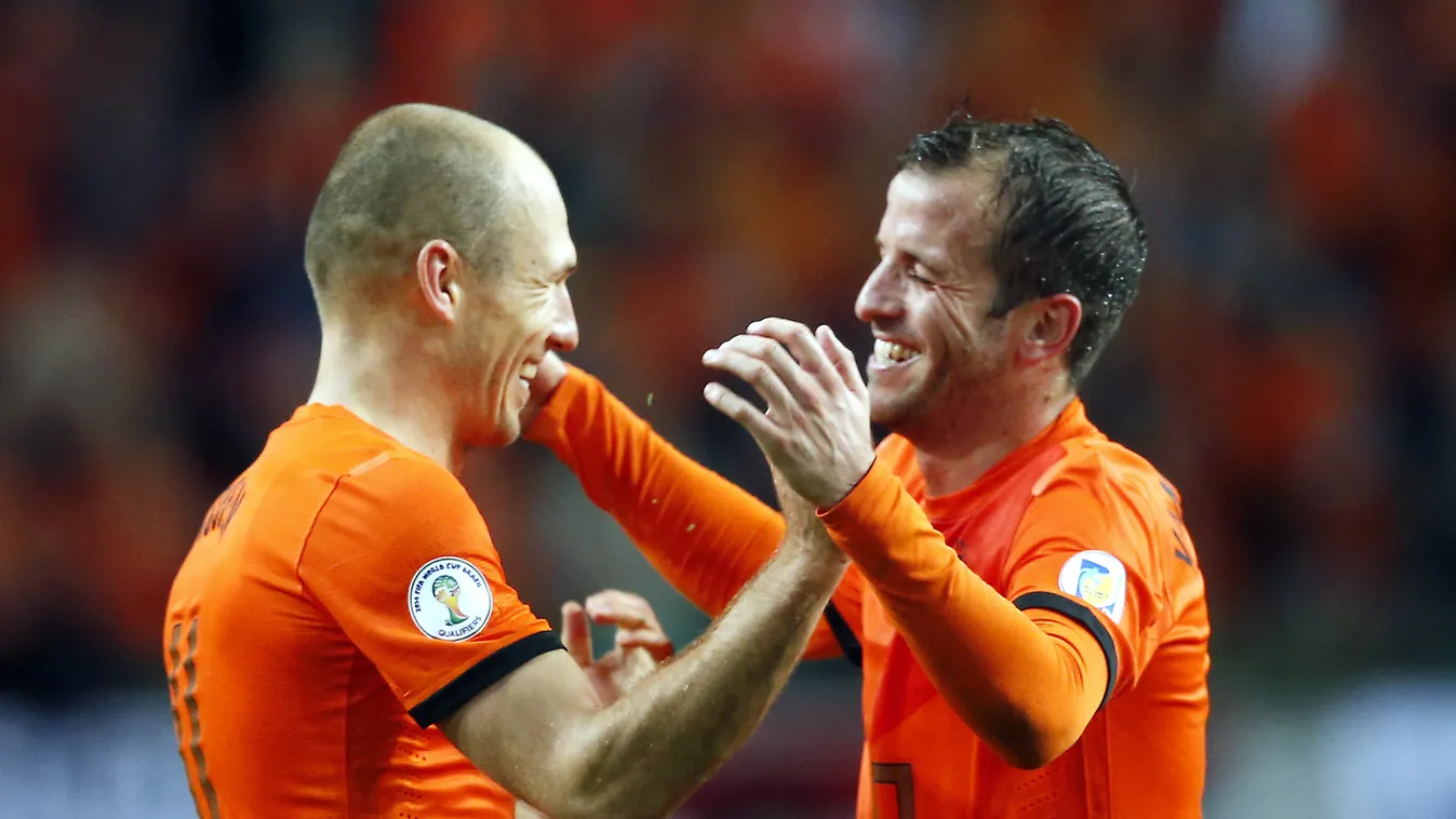 in the during his TEAM with VAN world against national 11 celebrates PLAYER vs cup QUALIFICATION dutch october hungary matches netherlands rafael anp der stanley 2013 amsterdam FIFA 2014 arjen robben vaart GONTHA HORIZONTAL 
