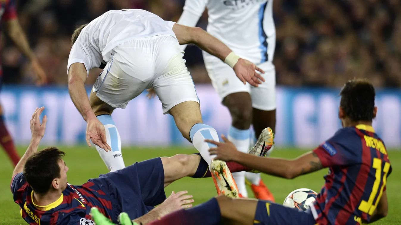 463412751 Manchester City's Argentinian defender Pablo Zabaleta (C) vies with Barcelona's Argentinian forward Lionel Messi (L) and Barcelona's Brazilian forward Neymar da Silva Santos Junior (R) during the UEFA Champions League round of 16 second leg foot