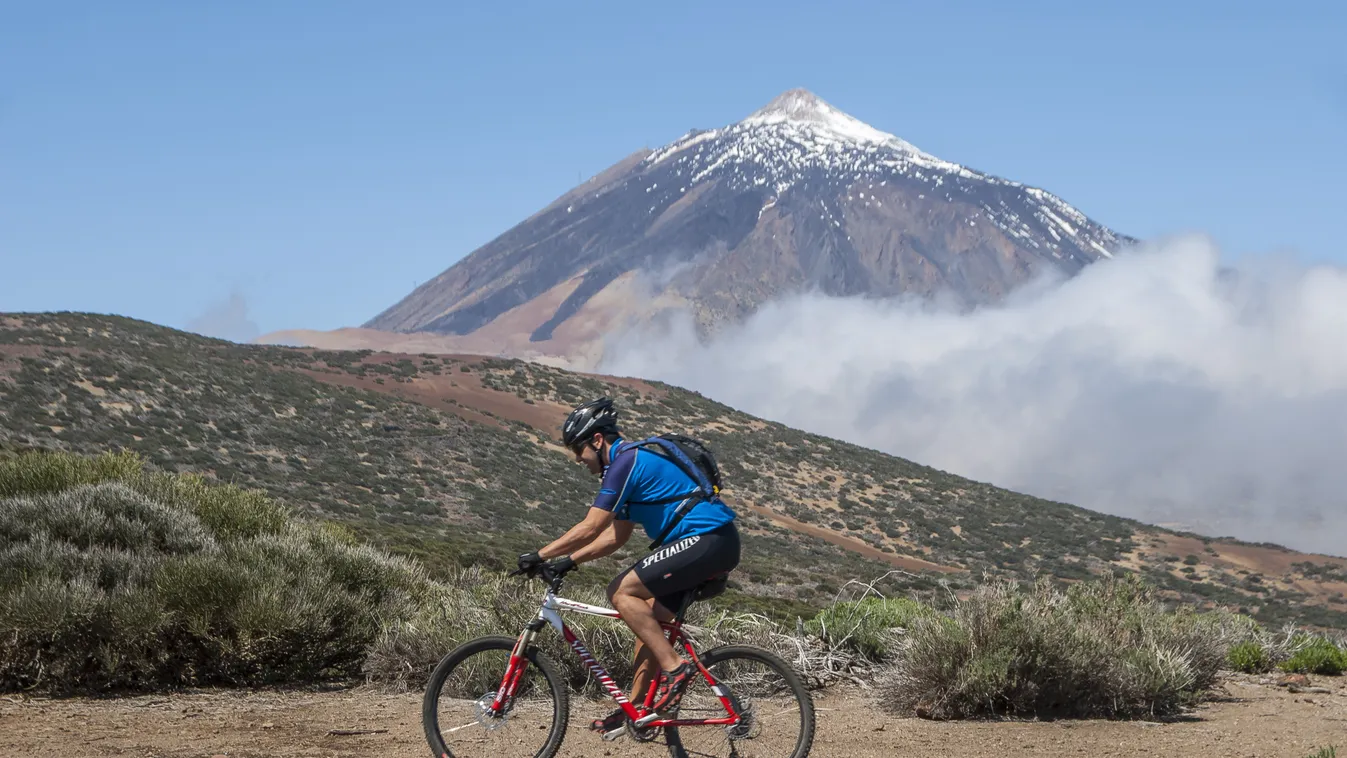 Vulkán, kerékpár, kerékpáros, bicikli, biciklis, túrázó, illusztráció 