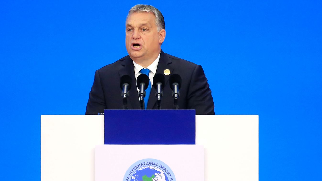 trade politics Horizontal Hungary's Prime Minister Viktor Orban speaks at the opening ceremony of the first China International Import Expo (CIIE) in Shanghai on November 5, 2018. - President Xi Jinping vowed on November 5 to open access to China's econom