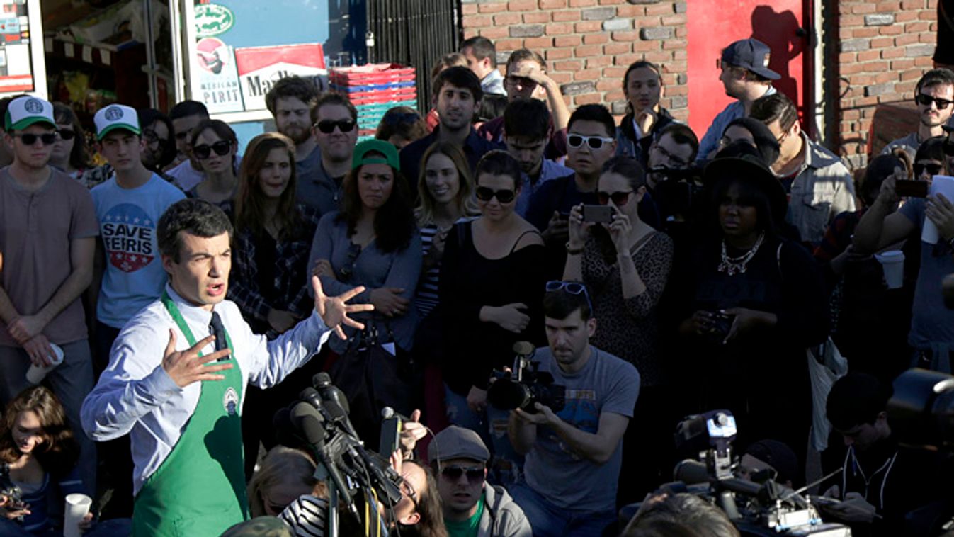 Dumb Starbucks, Nathan Fielder, LA
LOS ANGELES, CA - FEBRUARY 10: Nathan Fielder, host of the Comedy Central show "Nathan For You," steps forward as being behind the Dumb Starbucks store in the Los Feliz neighborhood February 10, 2014 in Los Angeles Calif