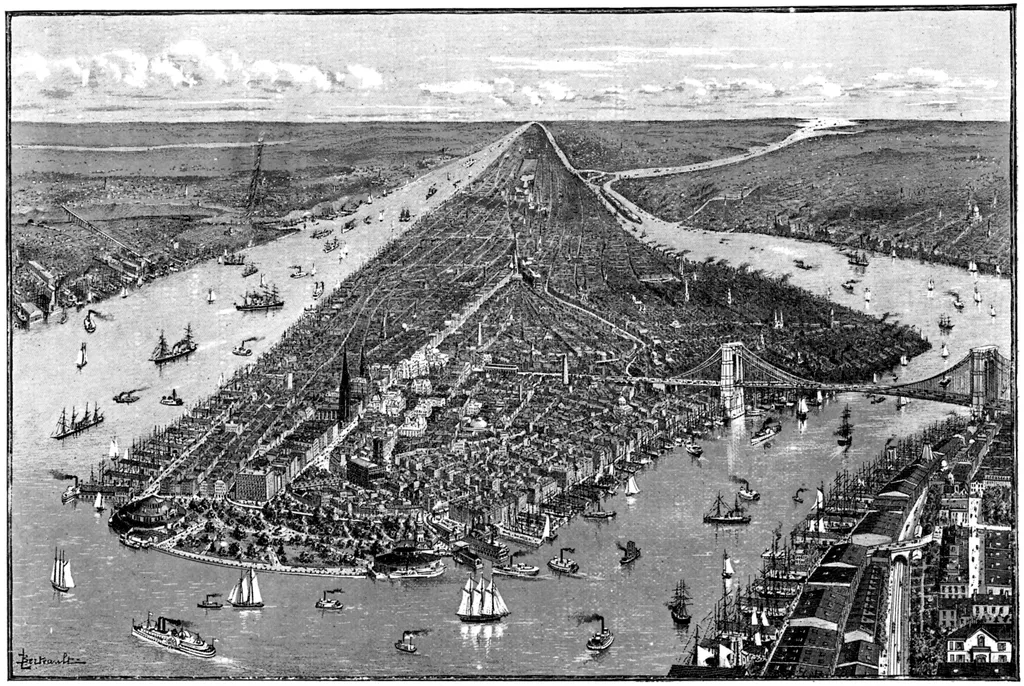 Brooklyn híd, 140, Panorama of New York, USA, 1892.Artist: Berteault 19th century America American Collector5 TGN The Print Collector USA United States United States of America arial view black & 
