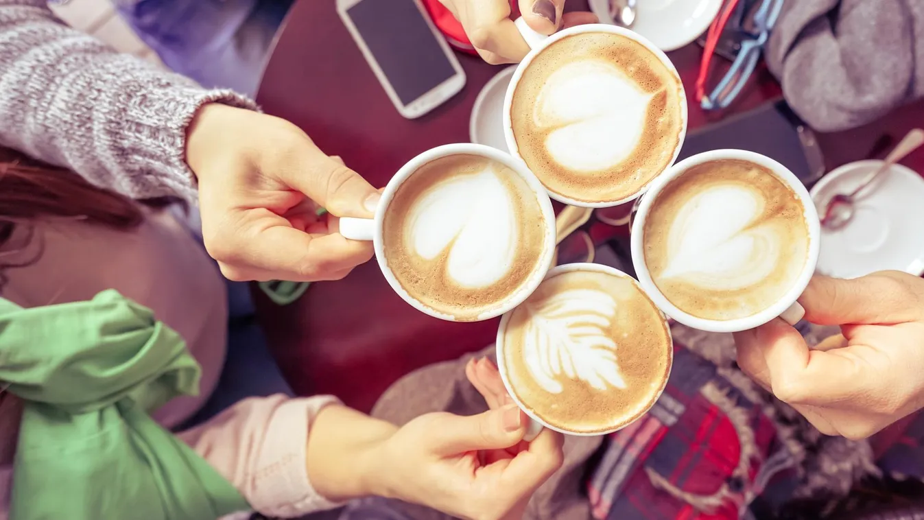 Group of friends drinking cappuccino at coffee bar restaurant Smart Phone Caffeine Coffee Cup Women Group Of People Personal Perspective Mocha Espresso Cappuccino Cafeteria Young Adult Cheering Drinking Meeting Heat - Temperature Togetherness Friendship O