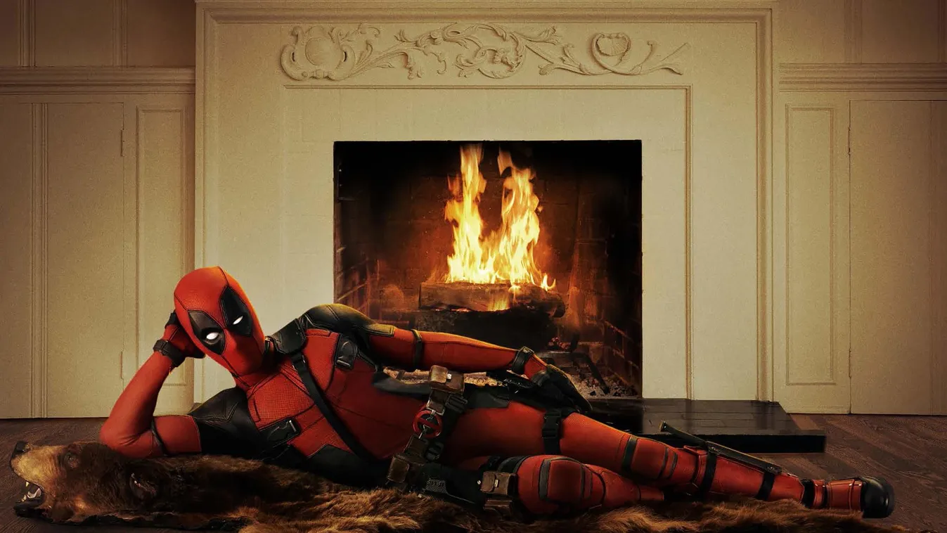 Deadpool Cinema comedy action superhero MAN SUIT tight suit MASK Marvel comics fur skin LYING DOWN fireplace fire funny humor SQUARE FORMAT 