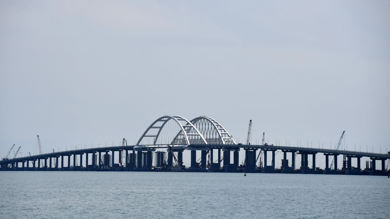 Crimean Bridge consecrated in Kerch bridge sea Kerch Strait landscape HORIZONTAL arch 