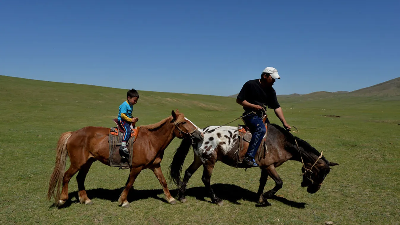 apák napja, apa fiú kapcsolat, illusztráció, Mongol apa és fia lóháton a Hustai nemzeti parkban 2013. június 5-én 