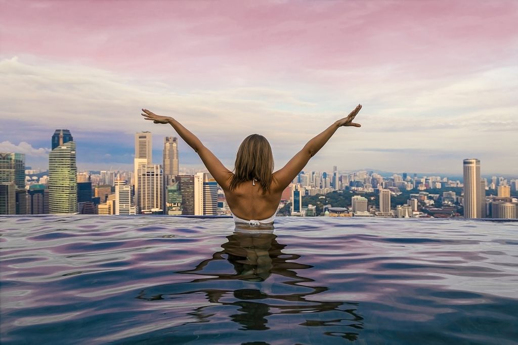 Marina Bay Sands, Szingapúr, medence, végtelenített, panoráma, felhőkarcoló, magas, tetőmedence, tető 