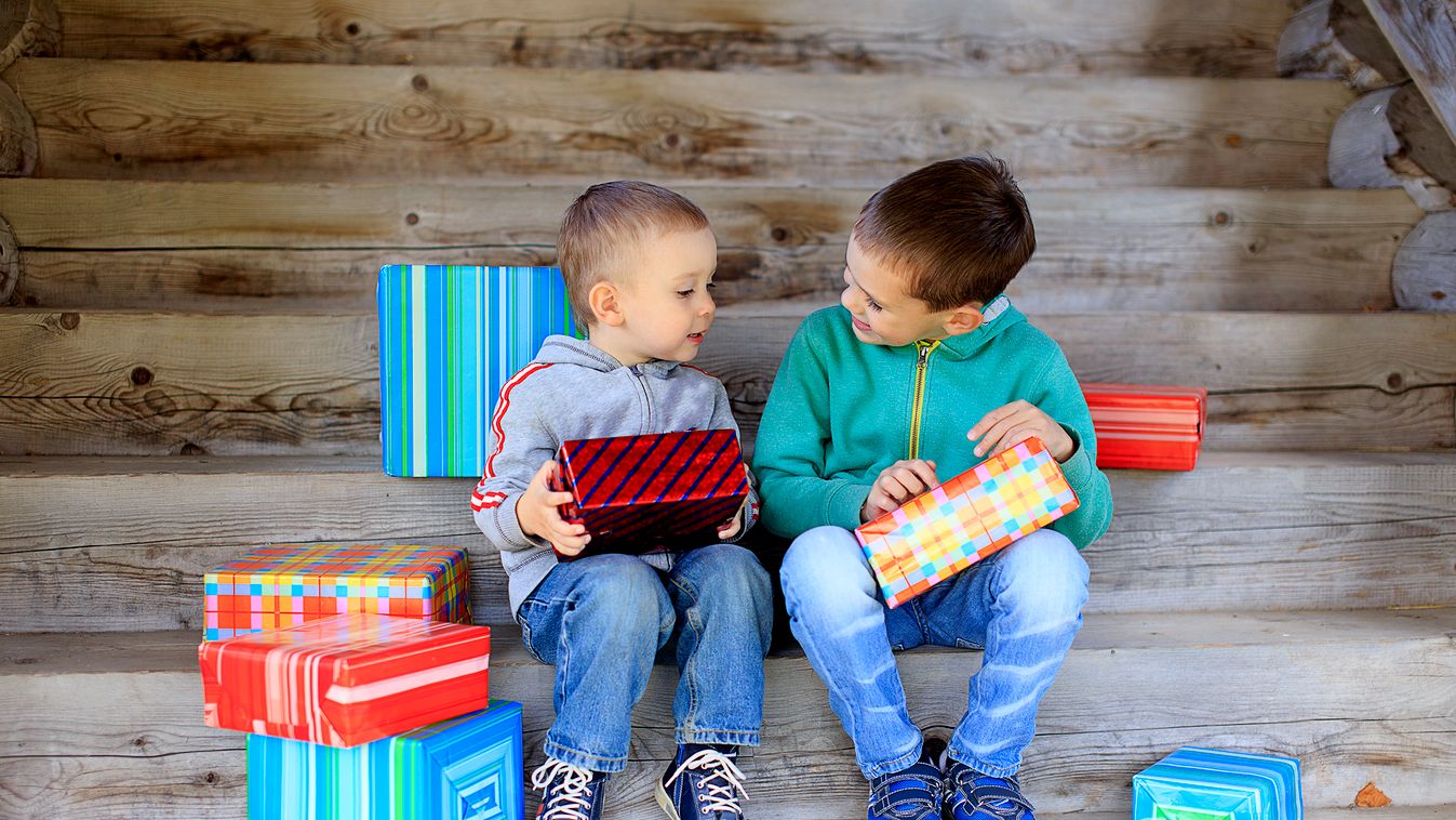 children exchanging gifts Beautiful Wrapped Holiday Boys Two People Large Group of Objects Shaking Christmas Present Child Smiling Talking Playful Wrapping Paper Exchanging Receiving Giving Fun Caucasian Ethnicity Change Curiosity Joy Enjoyment Happiness 