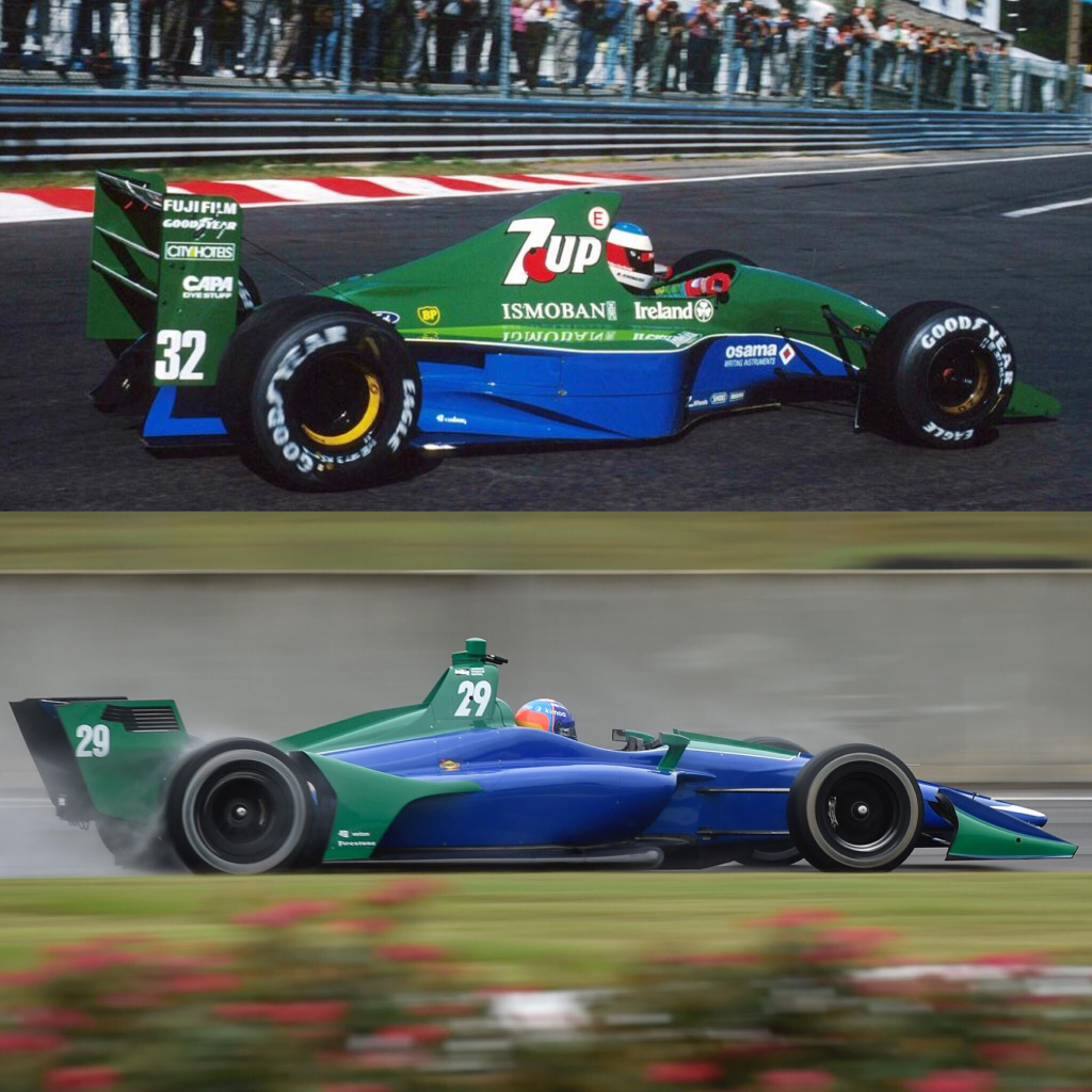 Felül Michael Schumacher az 1991-es Belga Nagydíjon a Jordanben, alul Alonso az IndyCar-teszte. Kísérteties a hasonlóság 