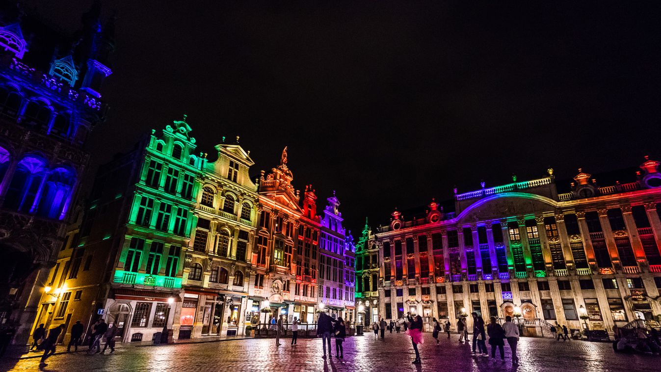 Horizontal The heritage buildings on the Brussels Grand Place/Grote Markt lit up in the colors of the LGBT rainbow flag on 13 June 2016 in support of the victims of Orlando shootings in Brussel. 
The American gunman who launched a murderous assault on a g
