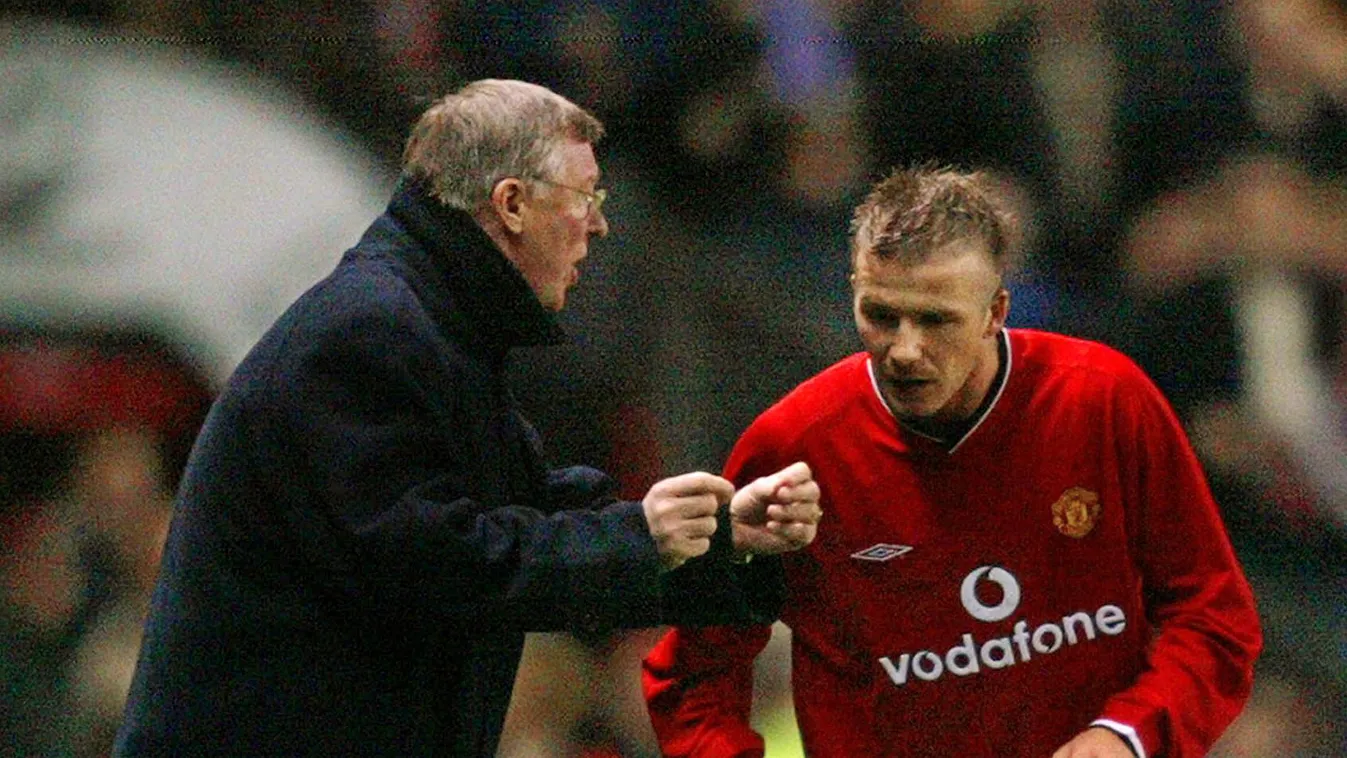 SOCCER-FERGUSON-MAN UNITED MATCH TRAINER SOCCER PLAYER FOOTBALL VERTICAL LOGO Manchester United's manager Sir Alex Ferguson (L) gives instructions to David Beckham during a champions league match at Old Trafford in Manchester, 26 February 2002.   Sir Alex