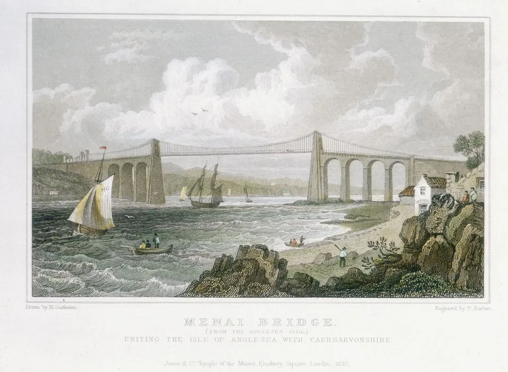 Menai-szoros hídja, Wales, függőhíd, 
 Thomas Telford's suspension bridge over Menai Straits, Wales, built 1820-1826 19th century Britain Civil Engineering Horizontal TRANSPORT DANGEROUS MATERIALS 