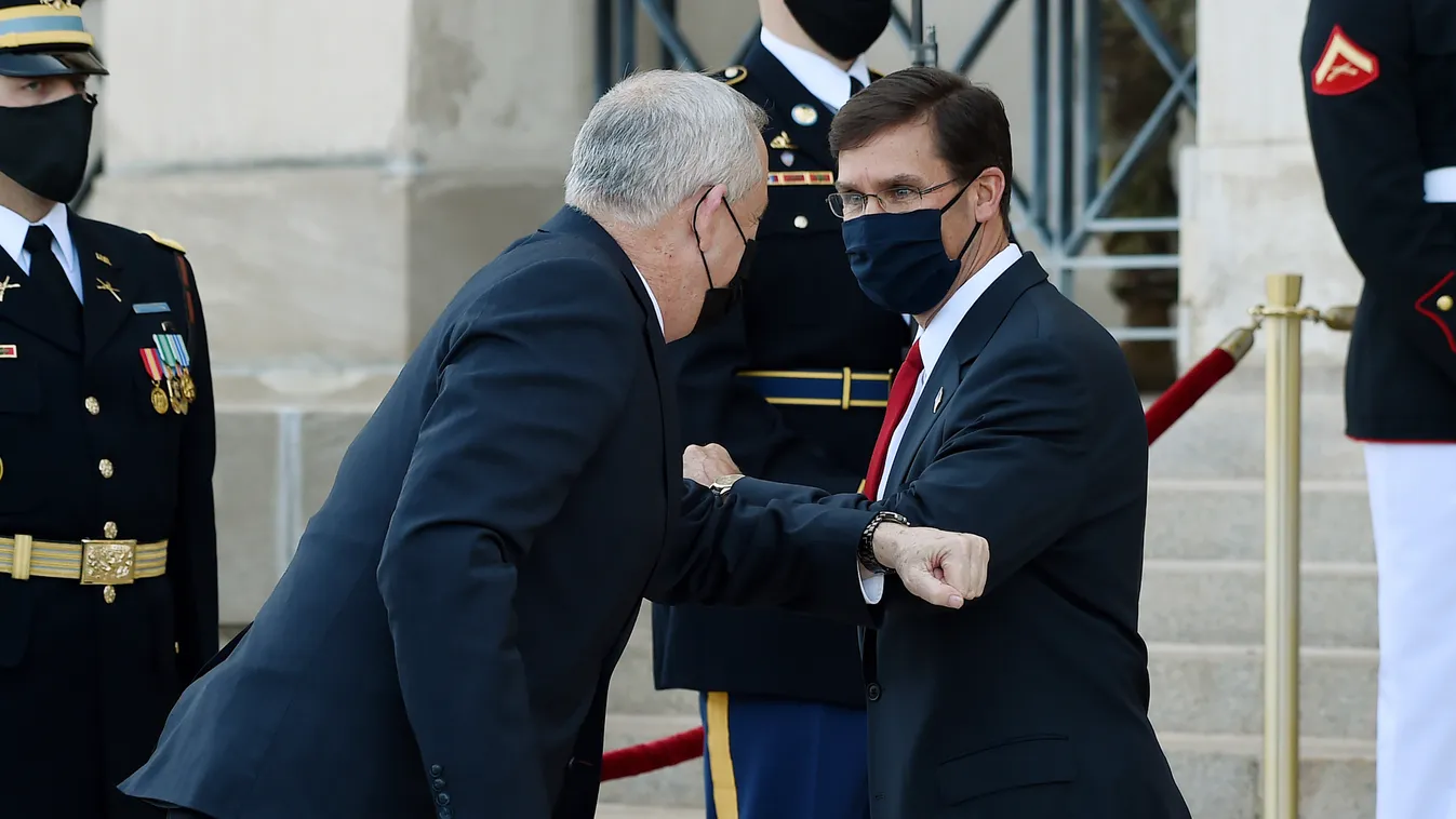 defence Horizontal US Secretary of Defense Mark Esper (R) welcomes Israeli Defense Minister Benny Gantz during an honor cordon at the Pentagon on September 22, 2020 in Washington, DC. (Photo by Olivier DOULIERY / AFP) 