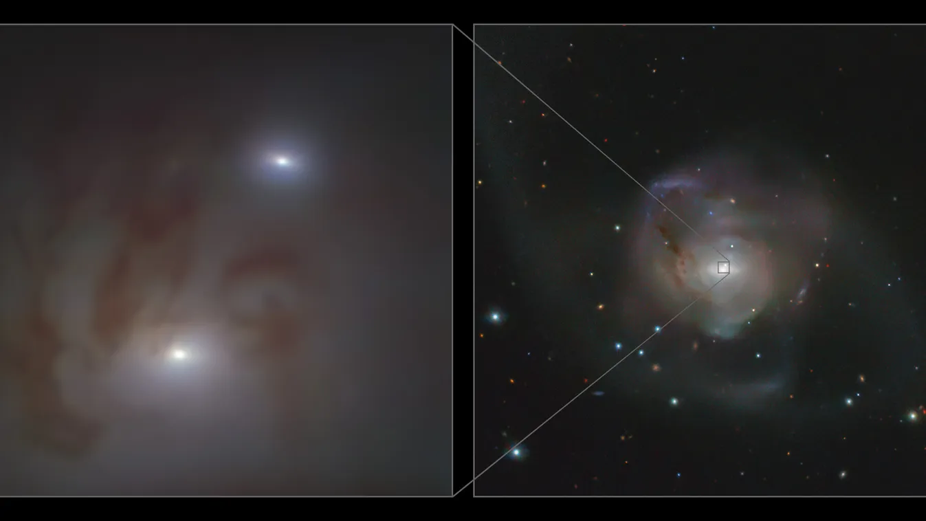 NGC 7727 This image shows close-up (left) and wide (right) views of the two bright galactic nuclei, each housing a supermassive black hole, in NGC 7727, a galaxy located 89 million light-years away from Earth in the constellation Aquarius. Each nucleus co