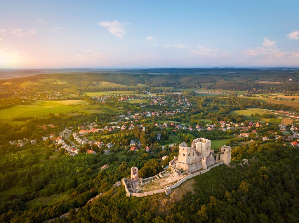hungary drone castle 
 Csesznek,Castle,Ruins,In,Bakony,Mountain,Hungary.,Built,Was,By medieval castle,hungarian places,historical monumnet,historical, 