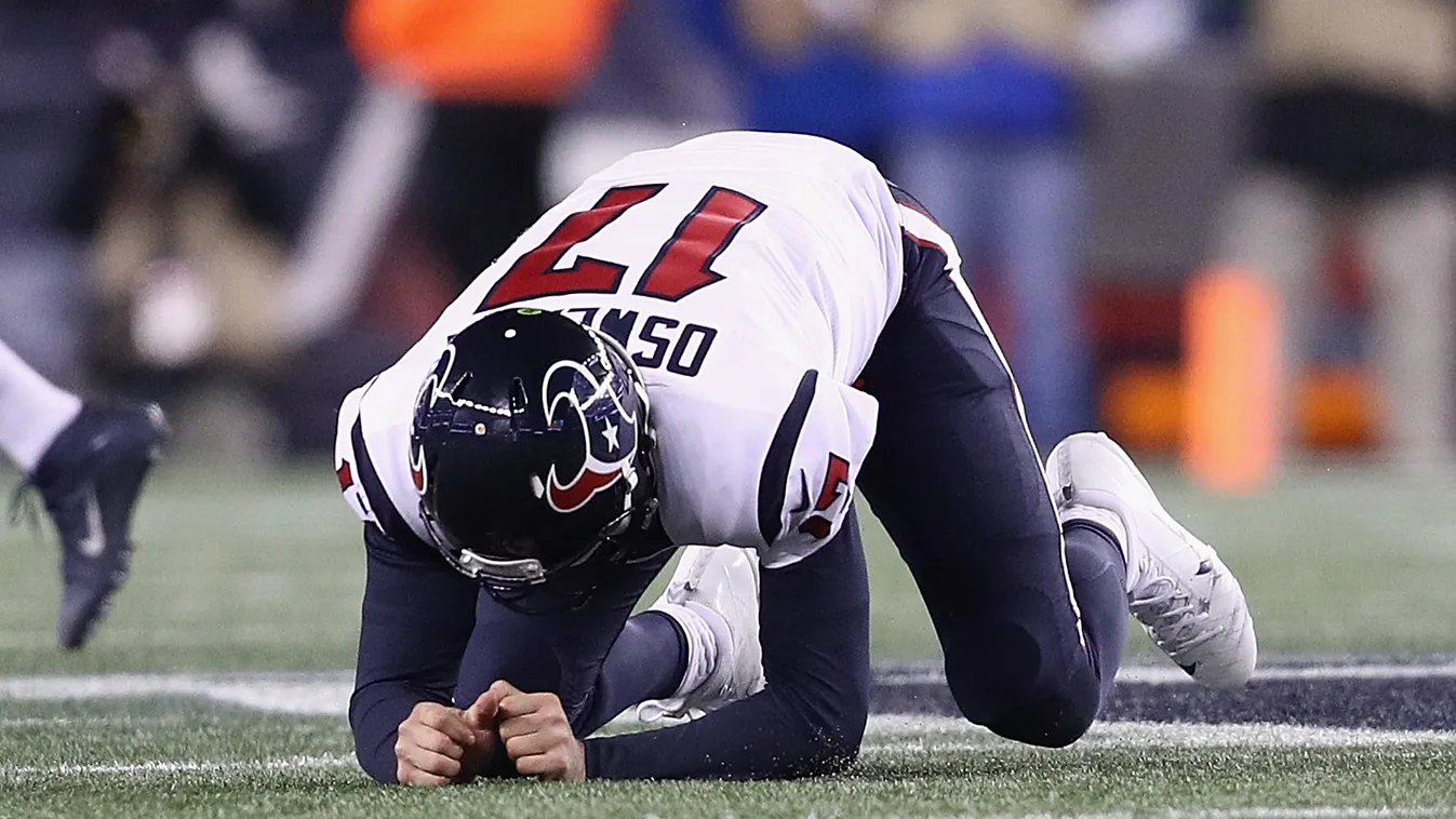 FOXBORO, MA - JANUARY 14: Brock Osweiler #17 of the Houston Texans reacts in the second half against the New England Patriots during the AFC Divisional Playoff Game at Gillette Stadium on January 14, 2017 in Foxboro, Massachusetts.   Maddie Meyer/Getty Im