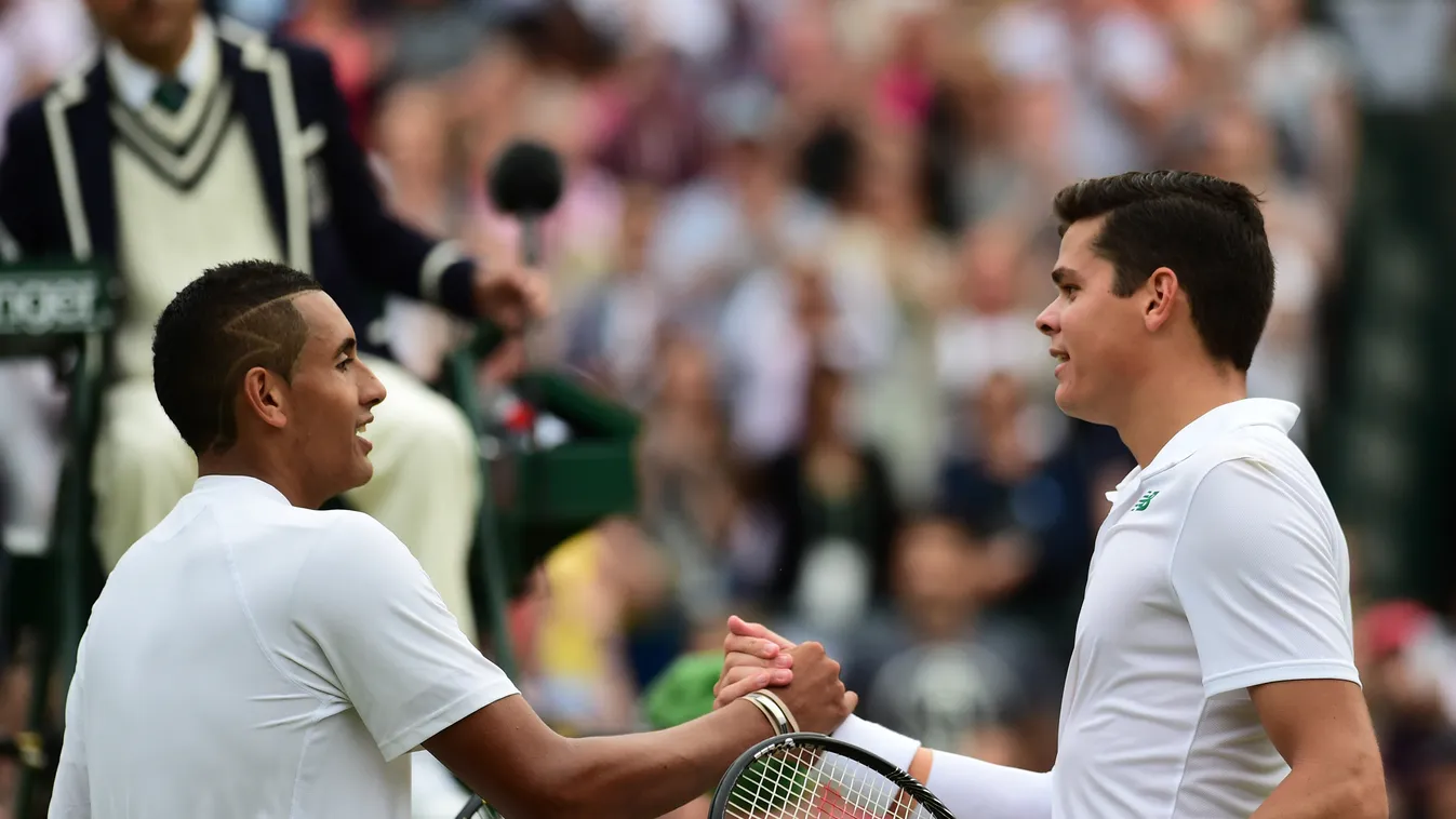 Canada's Milos Raonic (R) shakes hands with Australia's Nick Kyrgios after the former won their men's singles quarter-final match on day nine of the 2014 Wimbledon Championships at The All England Tennis Club in Wimbledon, southwest London, on July 2, 201