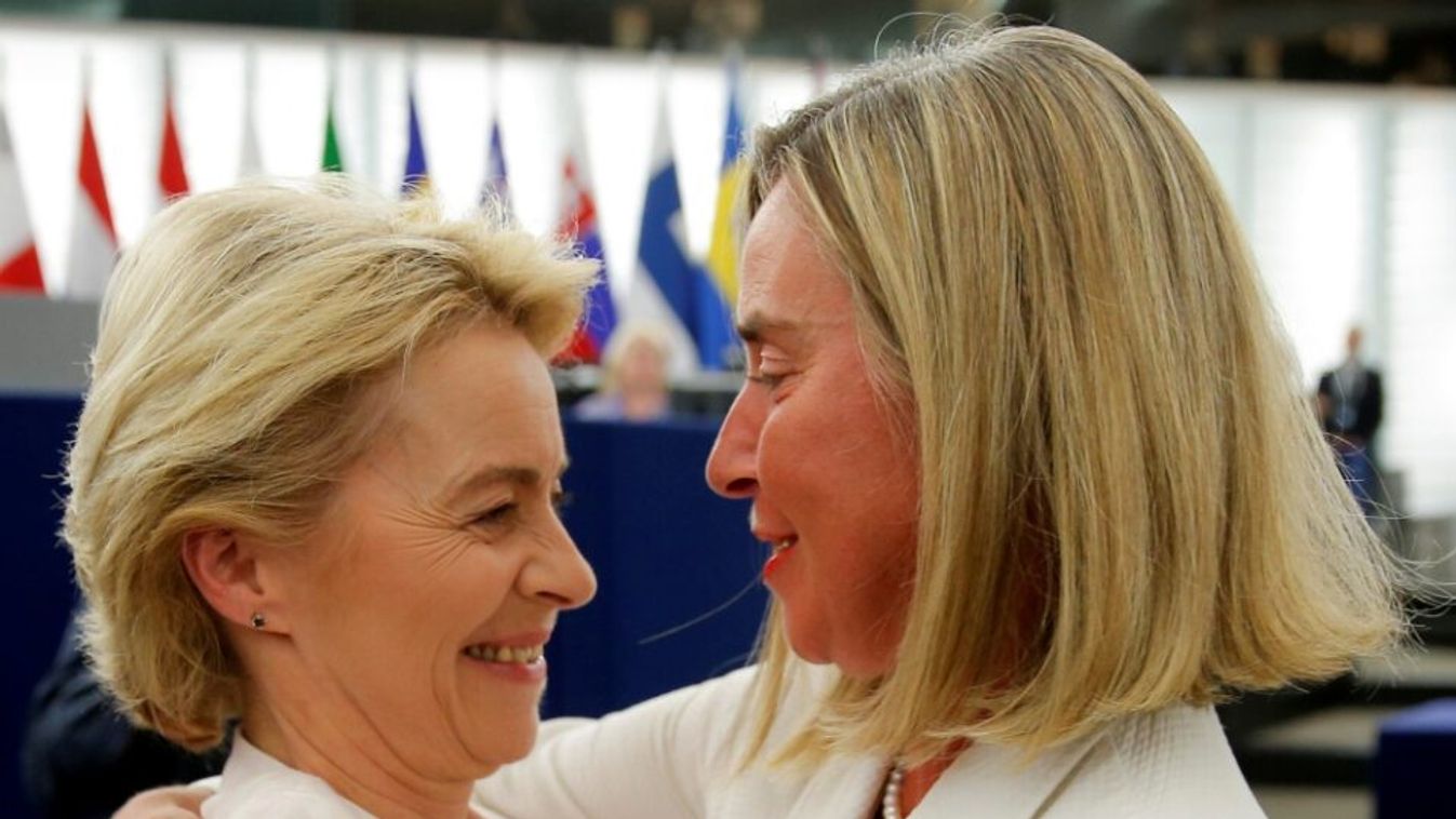 Elected European Commission President Ursula von der Leyen is congratulated by European Union High Representative for Foreign Affairs and Security Policy Federica Mogherini after a vote on her election at the European Parliament in Strasbourg 