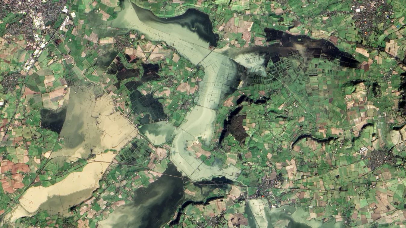 Bristol környéke, Somerset, Dél-Anglia, áradás, műholdkép 