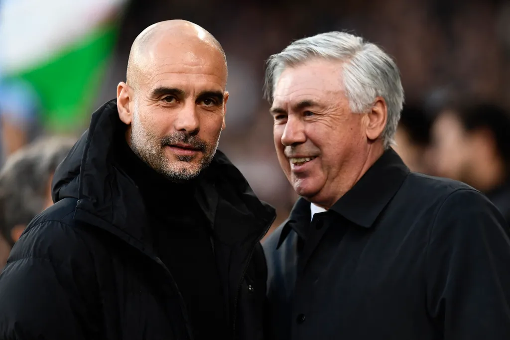 Manchester City v Real Madrid Semi Final Leg One - UEFA Champions League Manchester City Real Madrid Carlo Ancelotti Pep Guardiola UEFA Champions League Semi Final Leg One match Carlo Ancelotti head coach Pep Guardiola head coach United Kingdom Manchester