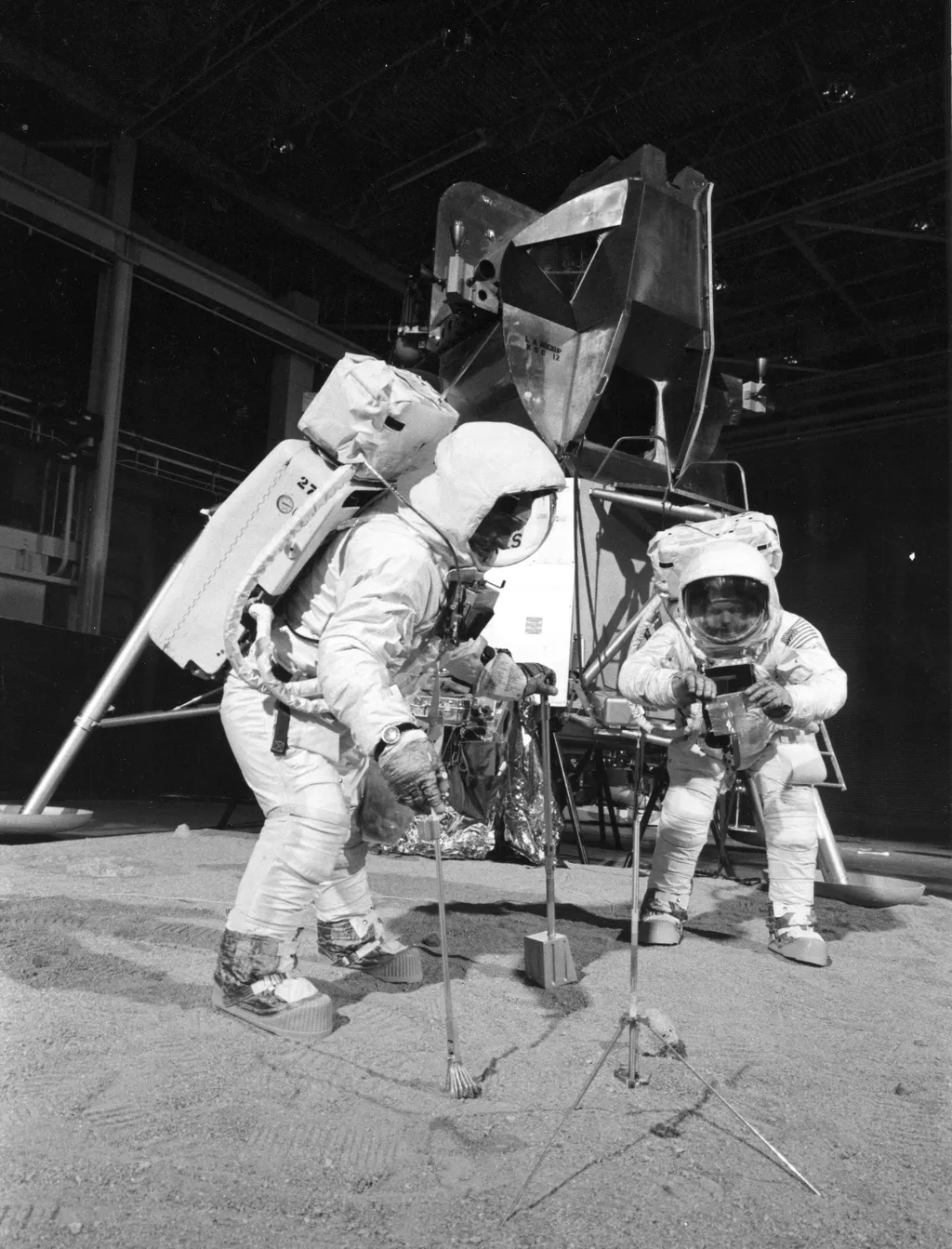 Apollo 11 Buzz Aldrin Lunar Module Training Neil Armstrong Two members of the Apollo 11 lunar landing mission participate in a simulation of deploying and using lunar tools on the surface of the Moon during a training exercise on April 22, 1969. Astronaut