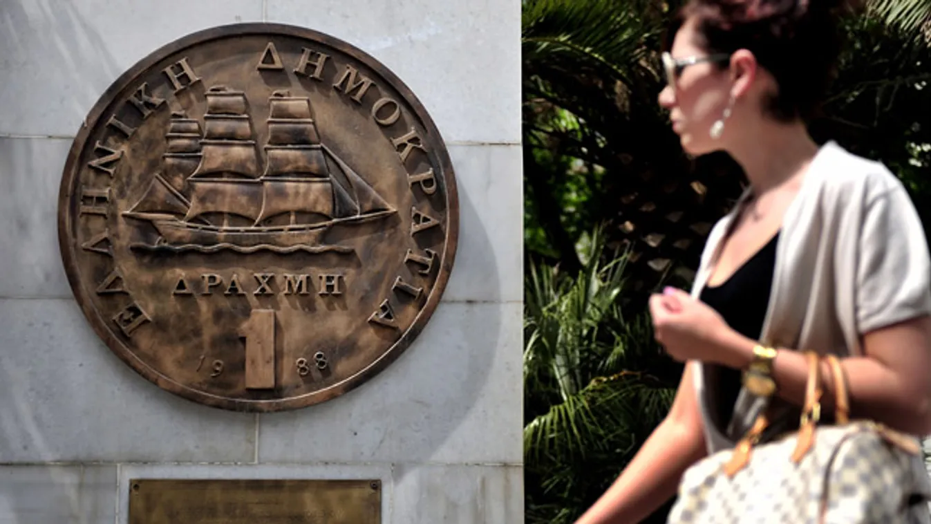 Görög drachma, Görögország euró előtti pénzneme, a drachma emlékműve előtt járókelők haladnak el Athén belvárosában