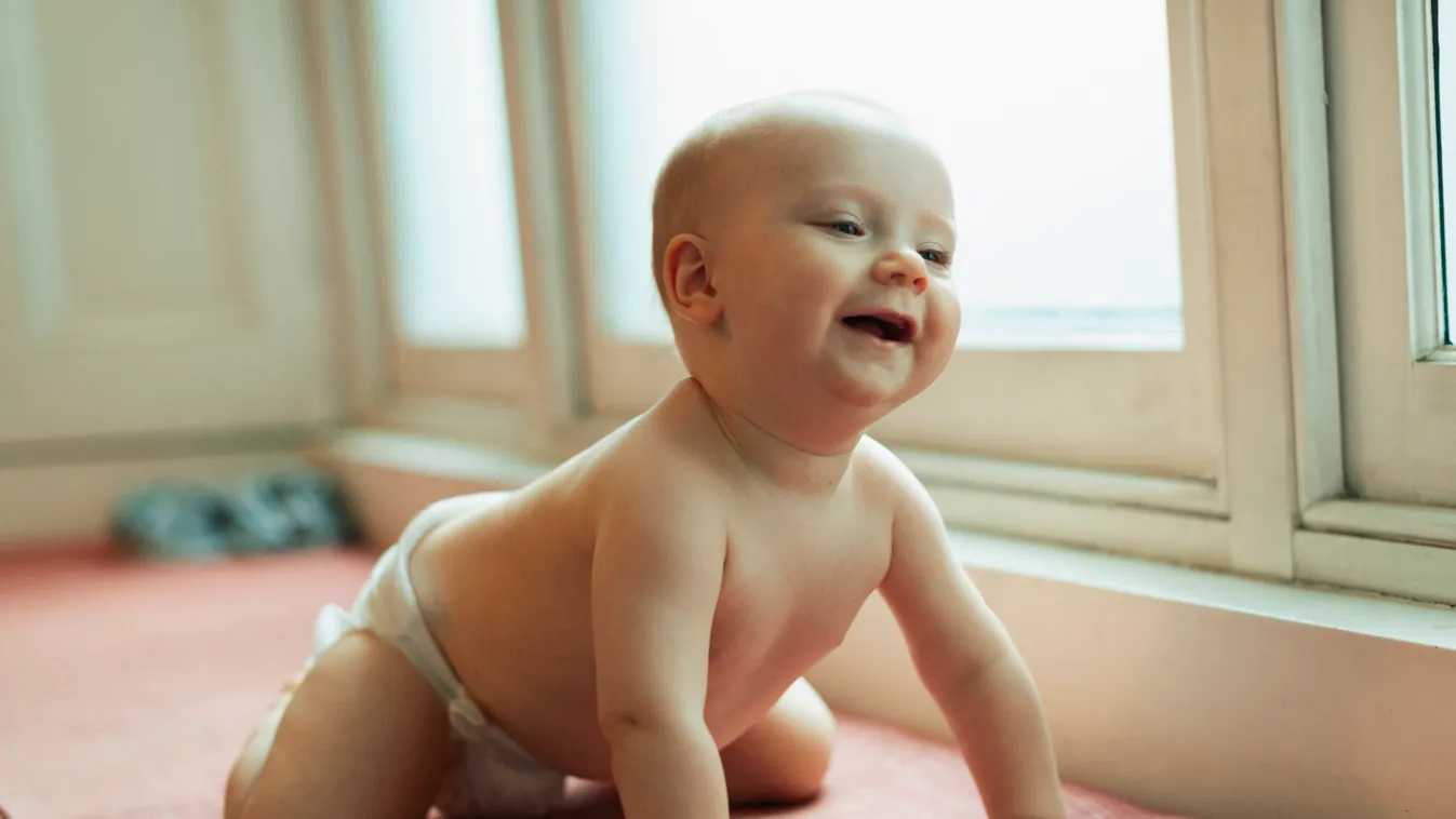 Cute baby girl in diaper laughing on window seat cute happy carefree diaper bare chest cushion enjoying innocence lifestyle domestic life infant Caucasian one person indoors day tilt three quarter length happiness nappy Horizontal new-born baby GIRL LAUGH