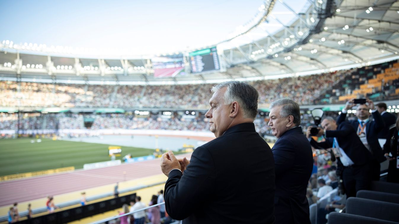 ORBÁN Viktor; MIRZIJOJEV, Savkat, Nemzeti Atlétikai Központban, ahol a kormányfő fogadta a nemzeti ünnepünk, illetve az atlétikai világbajnokság alkalmából Budapestre érkezett magas rangú külföldi vendégeket 