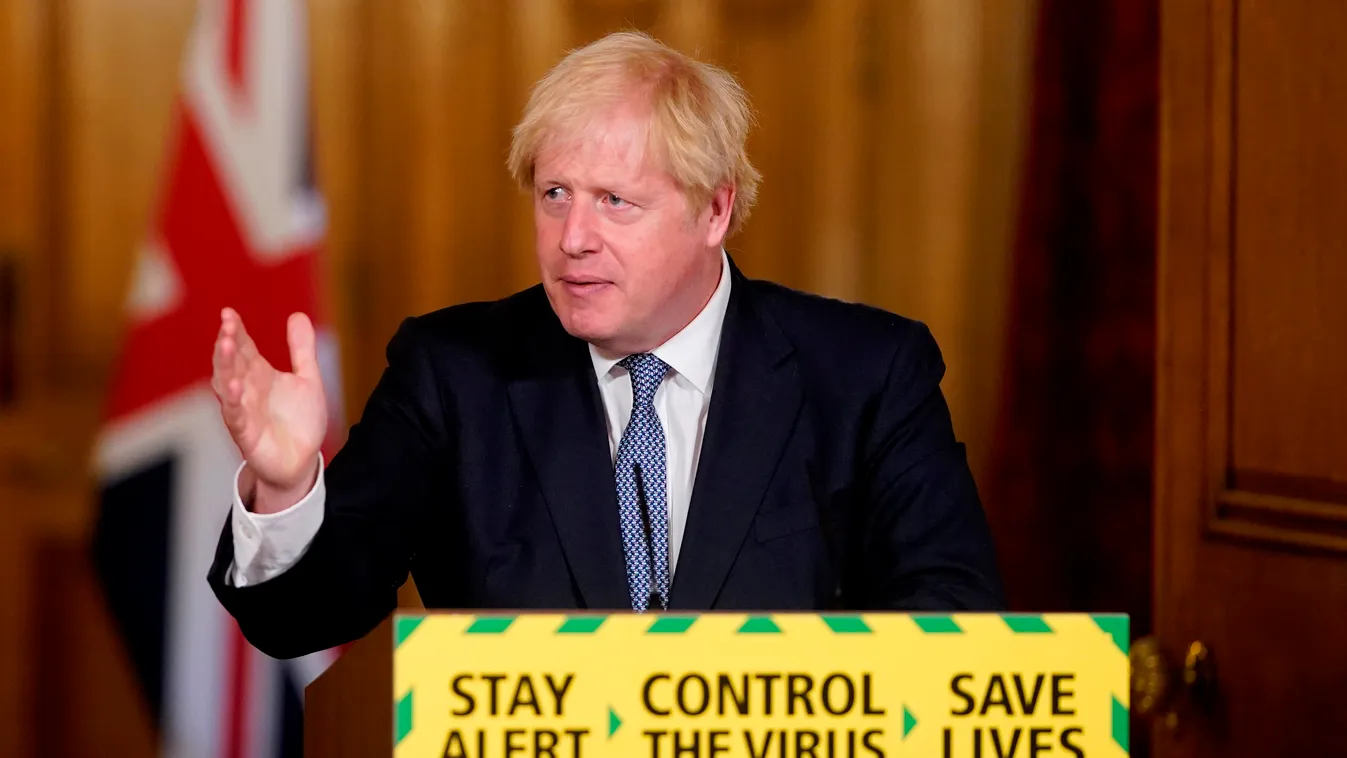 politics pandemic Horizontal A handout image released by 10 Downing Street, shows Britain's Prime Minister Boris Johnson attending a remote press conference to update the nation on the novel coronavirus COVID-19 pandemic inside 10 Downing Street in centra