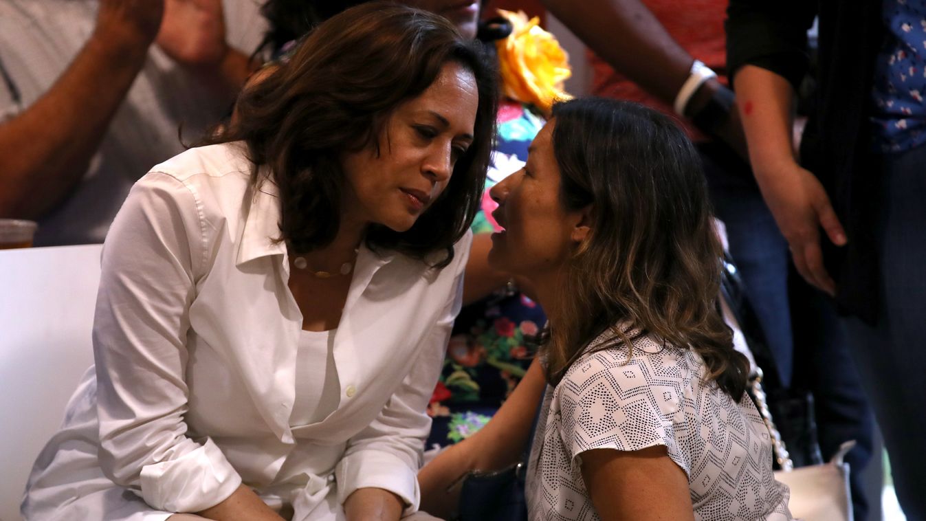GettyImageRank2 POLITICS ELECTION DES MOINES, IOWA - AUGUST 10: Democratic presidential hopeful U.S. Sen. Kamala Harris (L) (D-CA) talks with her aide Julie Chavez Rodriguez (R) during the Asian and Latino Coalition event at Jasper Winery on August 10, 20