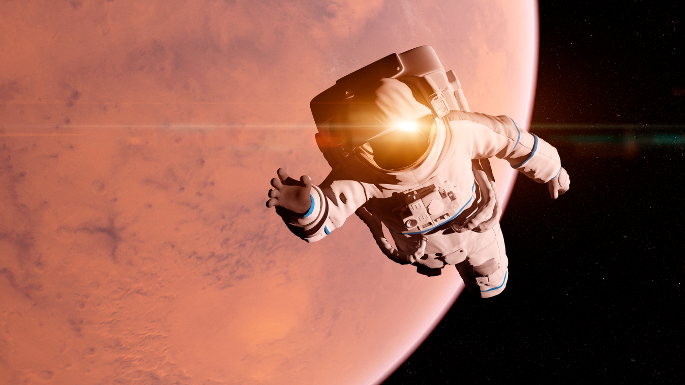 Illustration of an astronaut in front of Mars 3d graphic artwork outer orbit cosmos cosmonaut gravity space black background spaceman person flying surface mission astronomical Horizontal ILLUSTRATION MAN ASTRONOMY ASTRONAUT PLANET MARS RED COLOUR CAST 