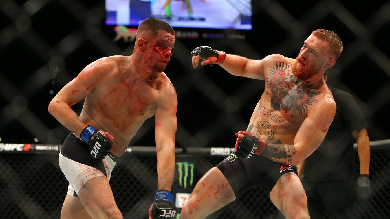 UFC 169 McGregor v Diaz GettyImageRank2 People SPORT HORIZONTAL Full Length Combat Sport USA Nevada Las Vegas Fighting Punching Two People Photography MARTIAL ARTS MGM Grand Garden Arena Ultimate Fighting Championship Mixed Martial Arts Nate Diaz Conor M 