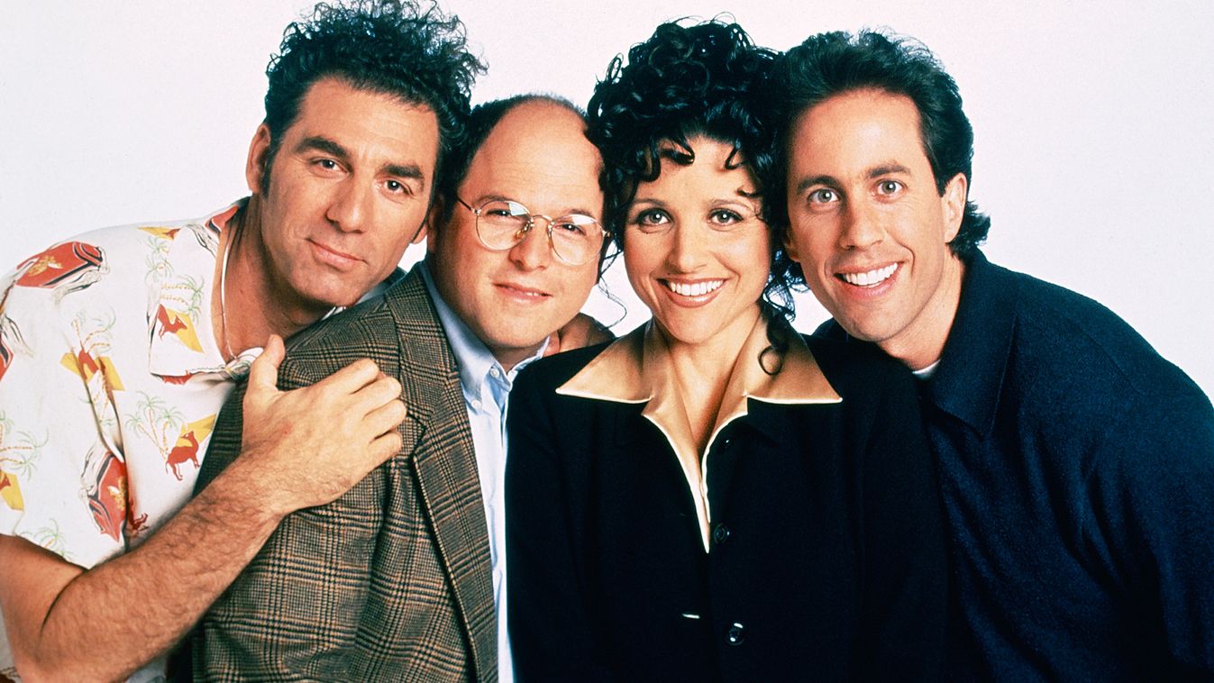 Seinfeld 1997-1998 Color Comedy Eye Contact Gallery Group Horizontal Indoor NBCU Photo Bank NUP_100189 Portrait Season 9 Select Smiling Studio SEINFELD -- Season 9 -- Pictured: (l-r) Michael Richards as Cosmo Kramer, Jason Alexander as George Costanza, Ju