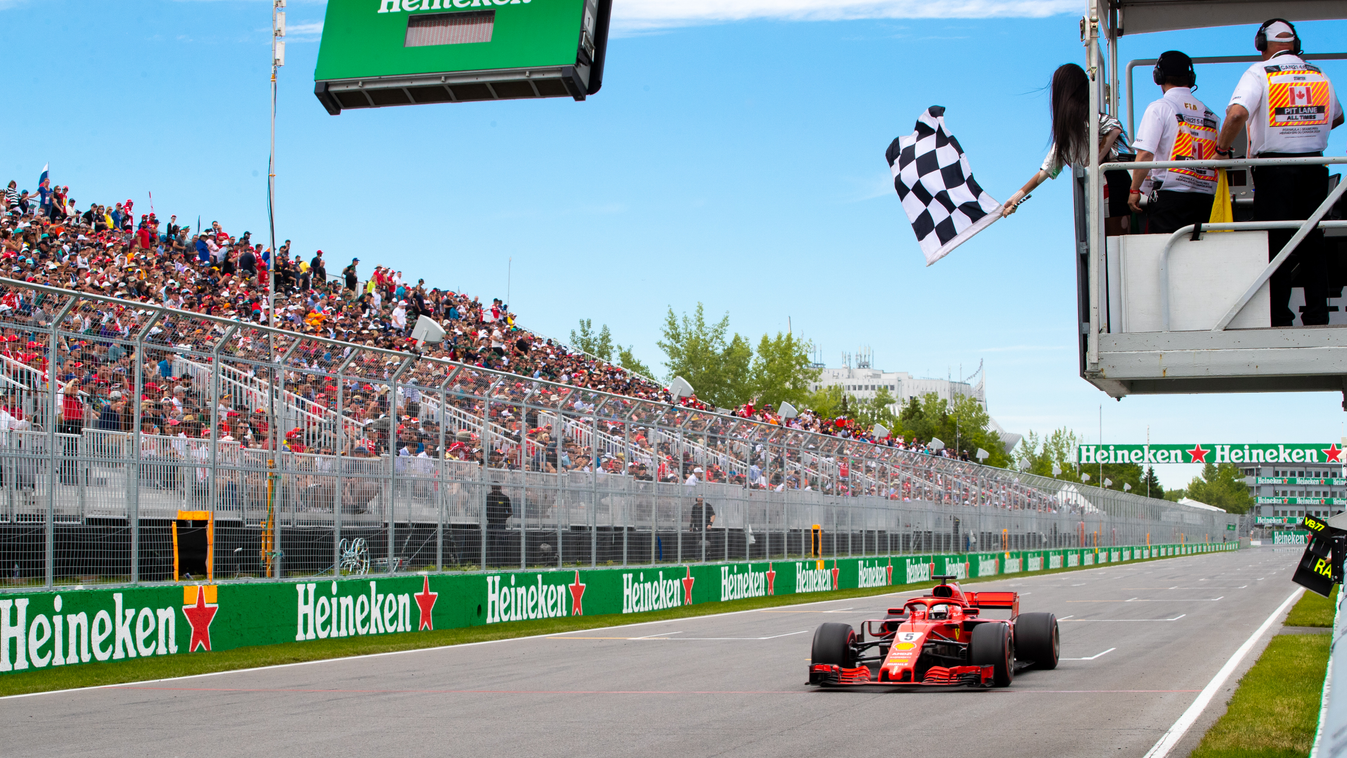 A Forma-1-es Kanadai Nagydíj, Sebastian Vettel, Scuderia Ferrari, kockás zászló, Winnie Harlow 