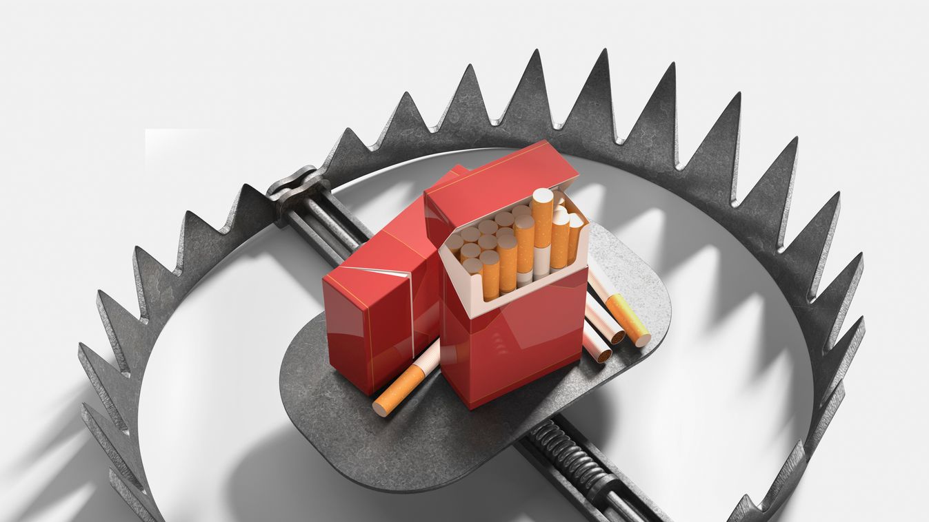 Bear trap with cigarettes ARTWORK DIGITALLY GENERATED ILLUSTRATION NOBODY NO ONE NO-ONE 3D 3 DIMENSIONAL THREE DIMENSIONAL PLAIN BACKGROUND WHITE BACKGROUND BEAR TRAP CIGARETTES SMOKING ISSUES ADDICTION SQUARE FORMAT 