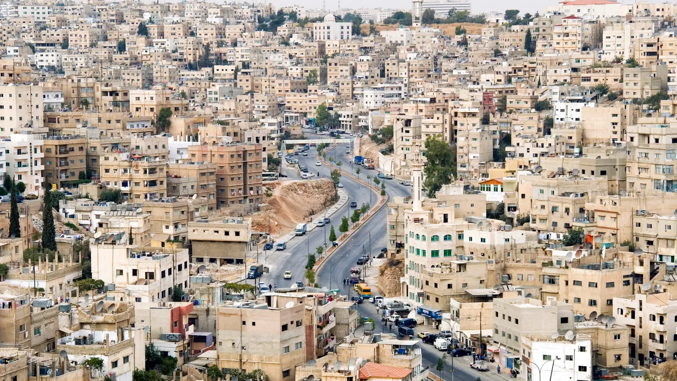 View over city, Amman, Jordan, Middle East AERIAL VIEW amman ARCHITECTURE BUILDING CITY cityscape color image day high angle view HORIZONTAL HOUSE housing jordan MIDDLE EAST nobody outdoors photography ROAD transportation travel travel destinations urban 