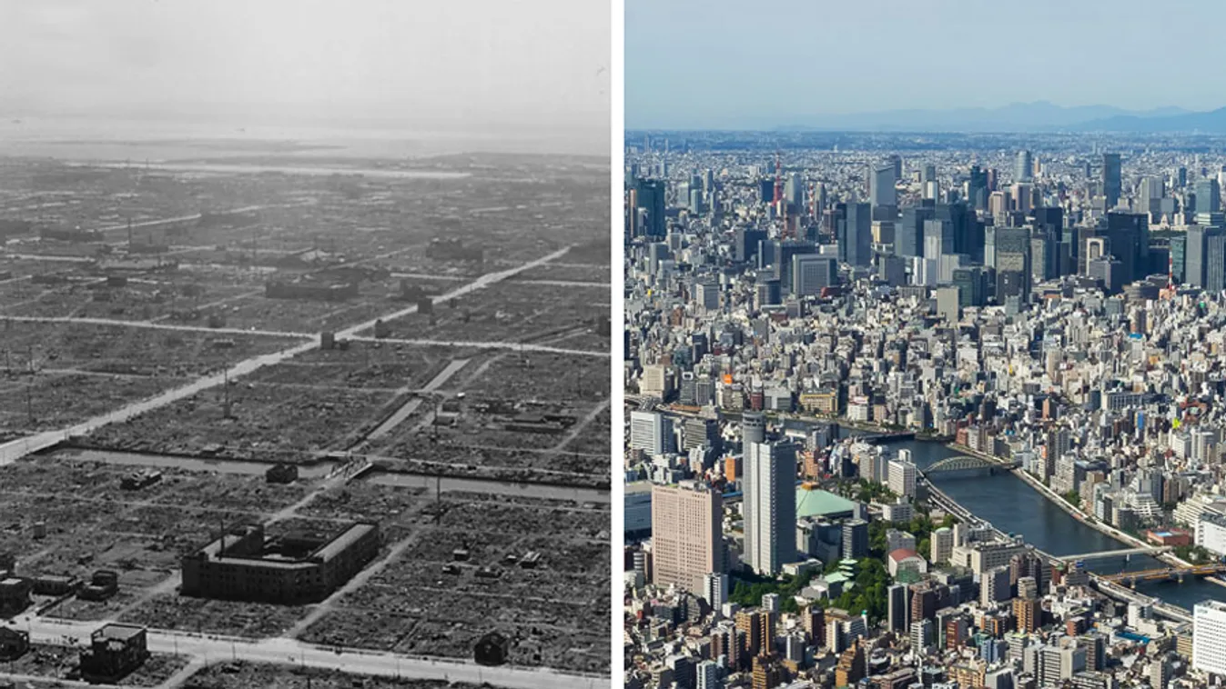 város, tokió, fejlődés, növekedés, előtte, utána 
