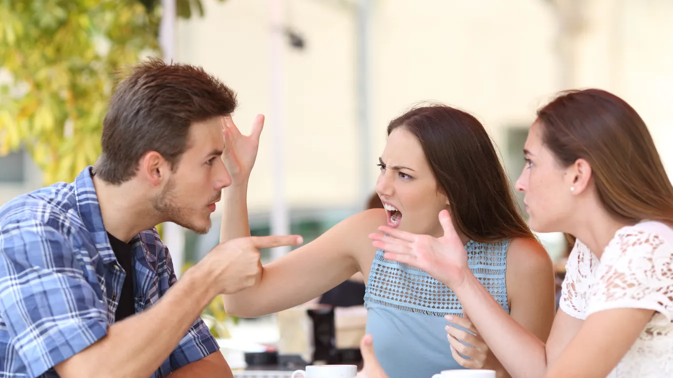 Angry friends arguing in a coffee shop Student Girls Teenage Girls Women Females Boys Men Males Three People Group Of People Young Adult Adult Teenager Furious Pointing Arguing Shouting Talking Irritation Problems Conflict Bonding Togetherness Development