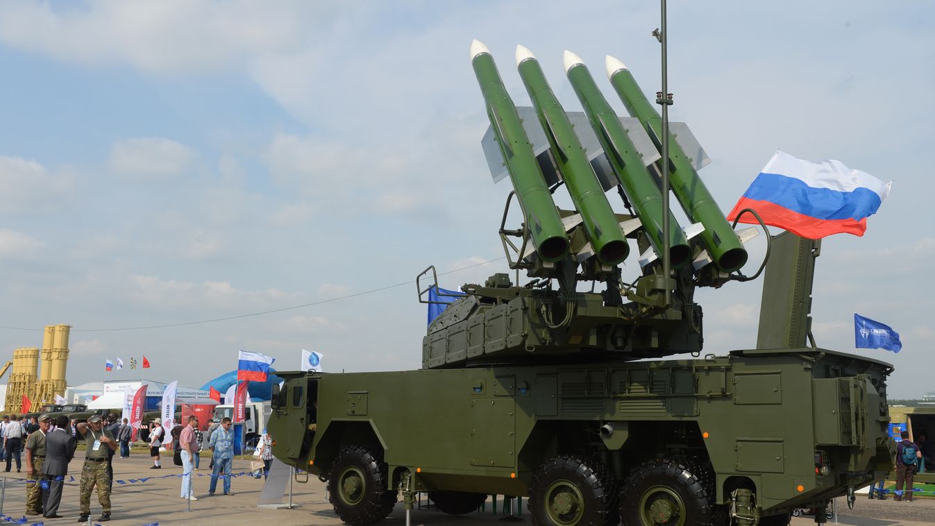 International Aerospace Salon (MAKS 2015) near Moscow. Day Three missile landscape HORIZONTAL tricolor flag Almaz-Antey BUK SQUARE FORMAT 