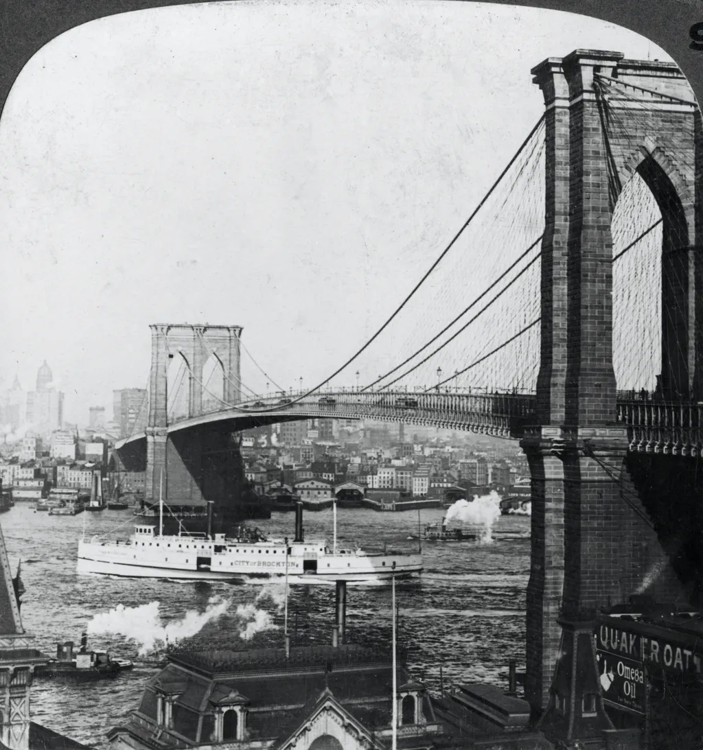 Brooklyn híd, 140, Brooklyn Bridge, New York, USA, early 20th century.Artist: Underwood & Underwood transport transportation city cityscape location century Brooklyn Bridge 