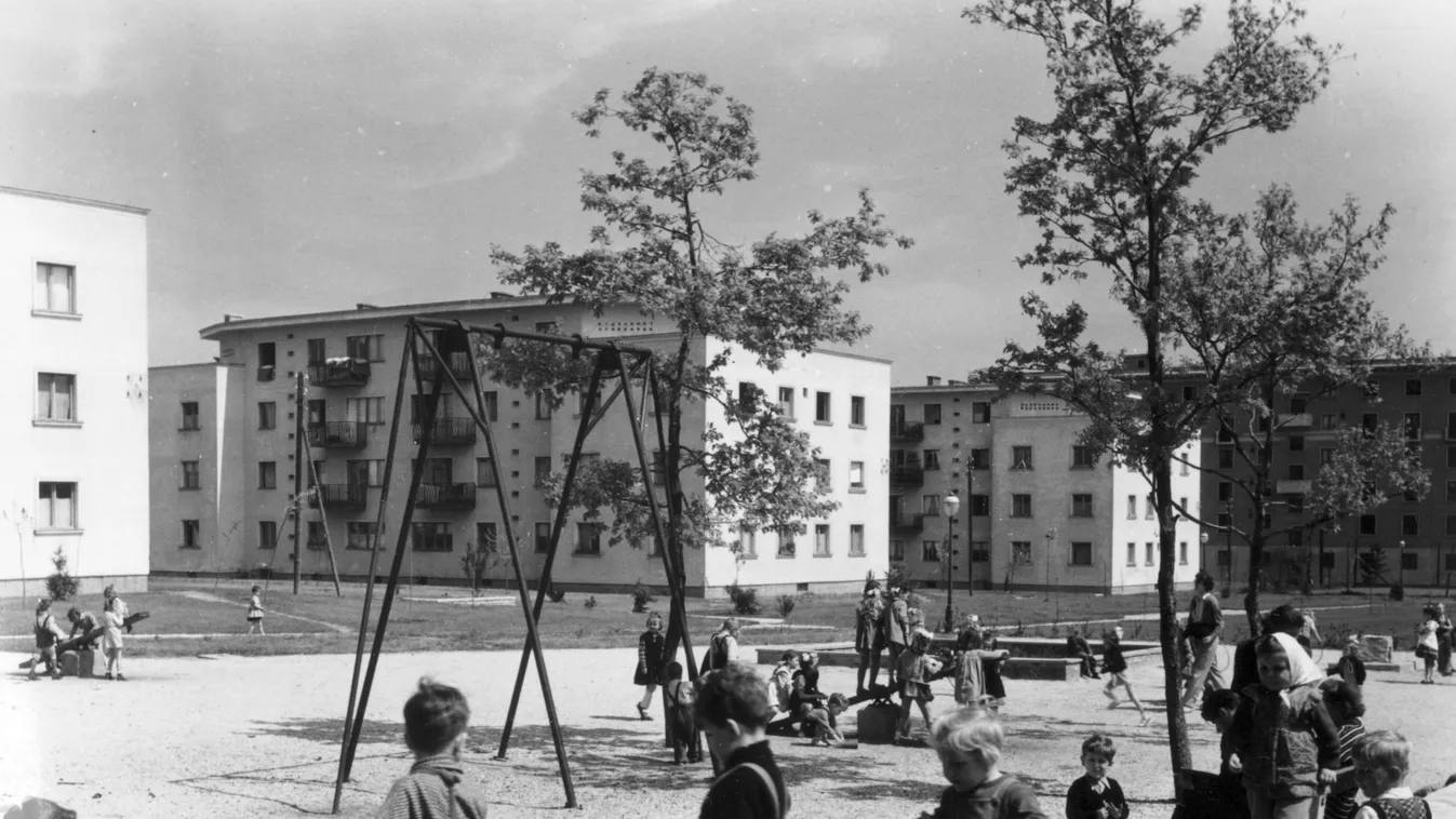 ötvenes évek lakhatása, 1953. Magyarország, Dunaújváros (Sztálinváros), a Május 1. utcai házak mögötti park a Vasmű (Sztálin) úti házak hátsó frontja felé nézve. 