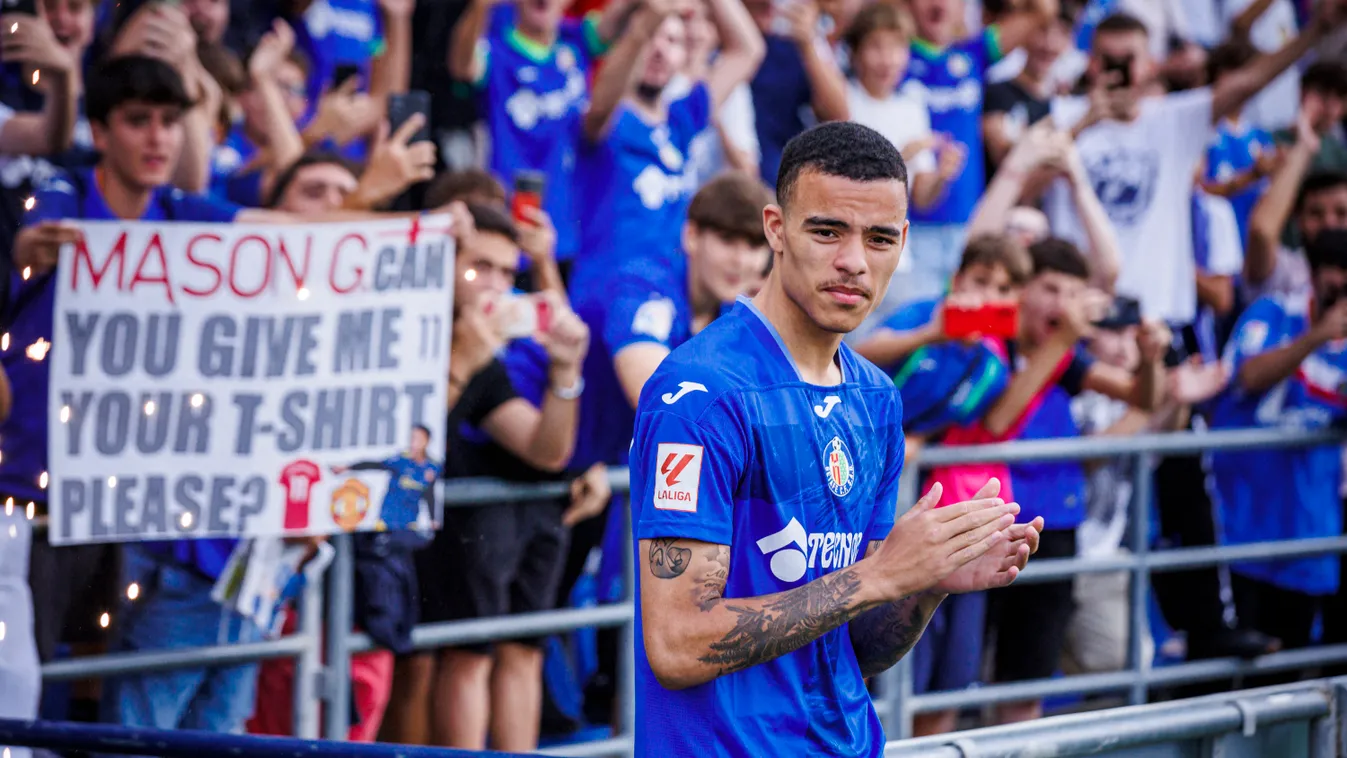 Getafe CF: New Signings Mason Greenwood, Diego Rico And Oscar Rodriguez NurPhoto Soccer Club Soccer Mason Greenwood Diego Rico Oscar Rodriguez Getafe CF Coliseum Alfonso Perez Madrid September 5 2023 Sports jersey person clothing human face outdoor sports