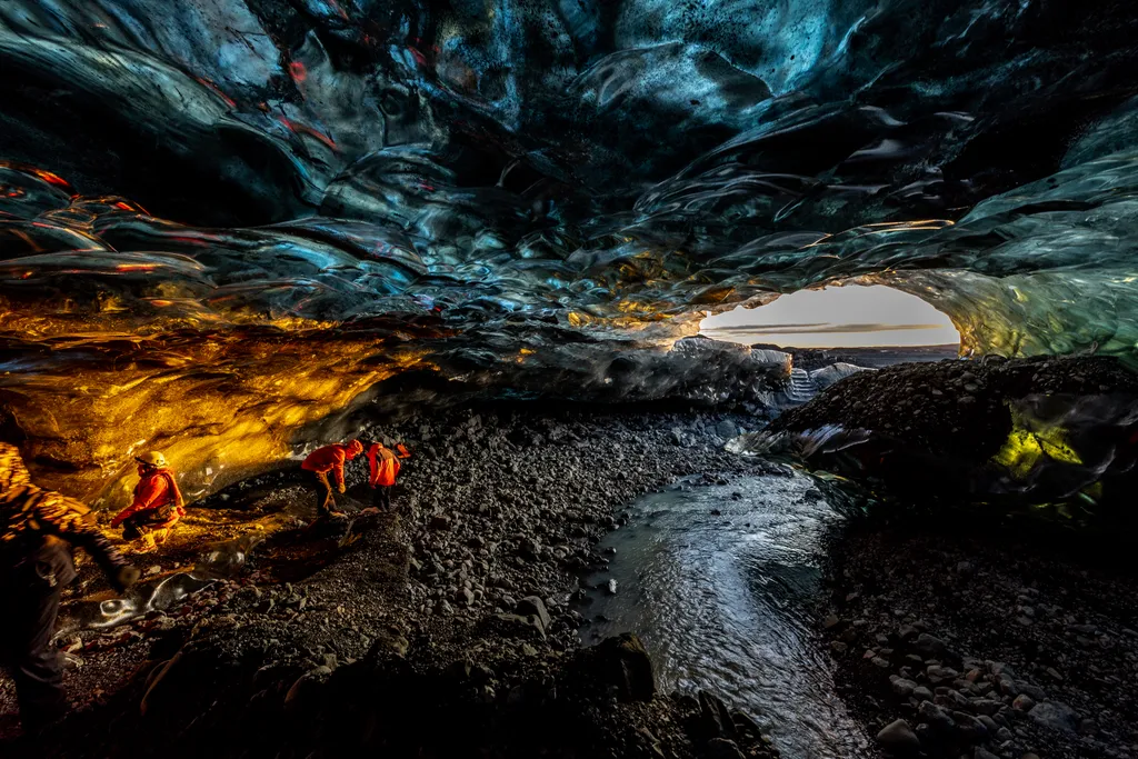 Izland, jégbarlang, barlang, napfelkelte, 