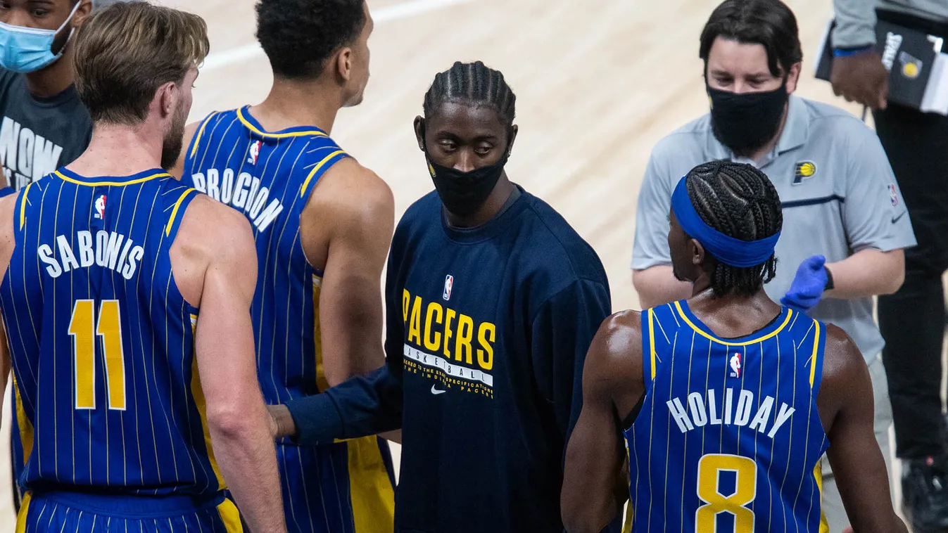 NBA: Dallas Mavericks at Indiana Pacers Jan 20, 2021; Indianapolis, Indiana, USA; Indiana Pacers guard Caris LeVert (22) during a timeout  in the fourth quarter against the Dallas Mavericks at Bankers Life Fieldhouse. Mandatory Credit: Trevor Ruszkowski-U
