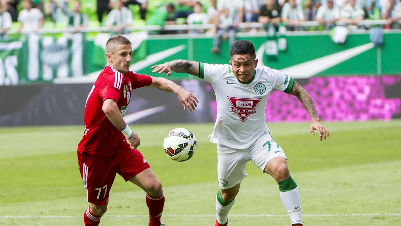 Budapest, 2015. május 10.
A ferencvárosi Cristian Ramirez (j) és Aleksandar Jovanovics az OTP Bank Liga 27. fordulójában játszott Ferencváros - Debrecen bajnoki labdarúgó mérkőzésen a budapesti Groupama Arénában 2015. május 10-én.
MTI Fotó: Illyés Tibor 