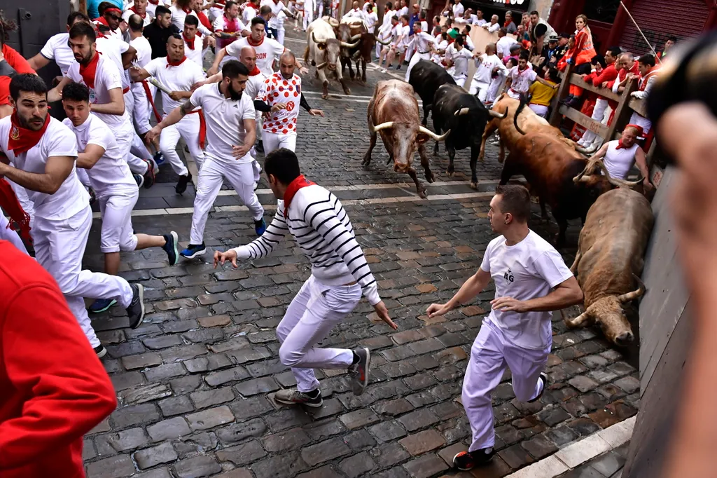 Bikafuttatás Pamlona, bika, fiesta, 
San Fermín fesztivál spanyolország, 
  spanyolországi Pamplonában 2022. július 7-én. A város védőszentjének tiszteletére 1591 óta évente megrendezett kilencnapos fiesta egyik fő at 