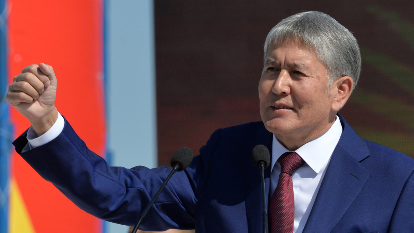 Horizontal (FILES) This file photo taken on August 31, 2016 shows Kyrgyz Prezident Almazbek Atambayev gesturing as he attends celebrations marking the 25th anniversary of Kyrgyzstan's independence from the Soviet Union at the Ala-Too Square in Bishkek.
Ky