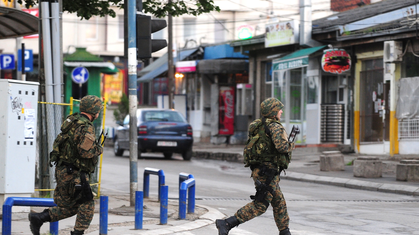 Police officers patrol in the streets of Kumanovo after armed incidents near the Kosovo border left four policemen injured on May 9, 2015. The clashes erupted during a dawn police raid in the northern town of Kumanovo after the authorities "received infor
