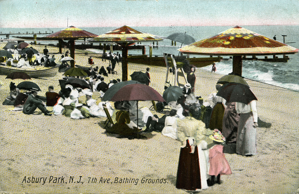 Seaside  scene in Asbury park, New Jersey, 1900s America American Asbury park New Jersey Seaside Sunday outing beach early 20th century entertainment huty19096 leisure parasols postcard franked sea twentieth weekend 1900s,America,American,Asbury park,New 