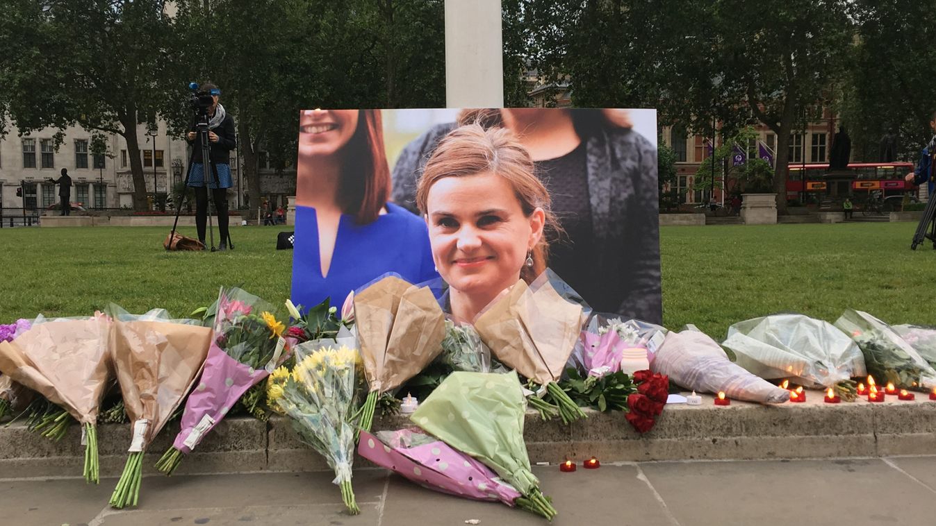 UK 2016 June London England United Kingdom Flowers Jo Cox Labour Party MP Jo Cox opposition lawmaker SQUARE FORMAT LONDON, UNITED KINGDOM - JUNE 17:  Flowers and candles left outside Britain's House of Parliament for Jo Cox, the Labour Party lawmaker who 